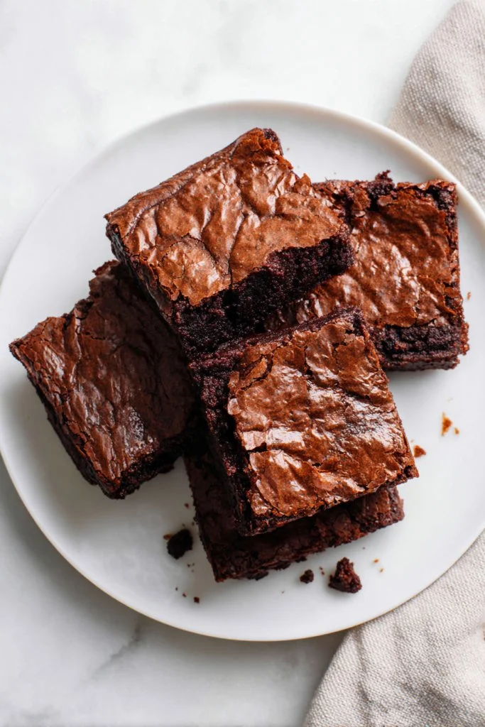Old fashioned fudge brownies topped with chocolate drizzle and nuts
