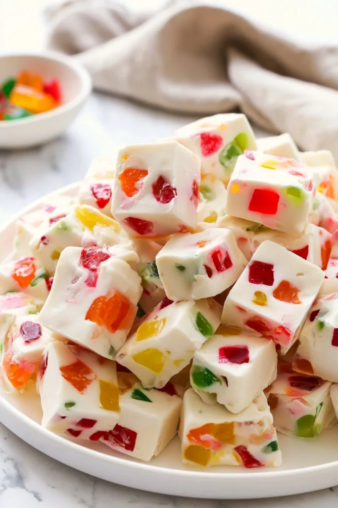 Old-fashioned jelly nougat candy displayed in a vintage jar
