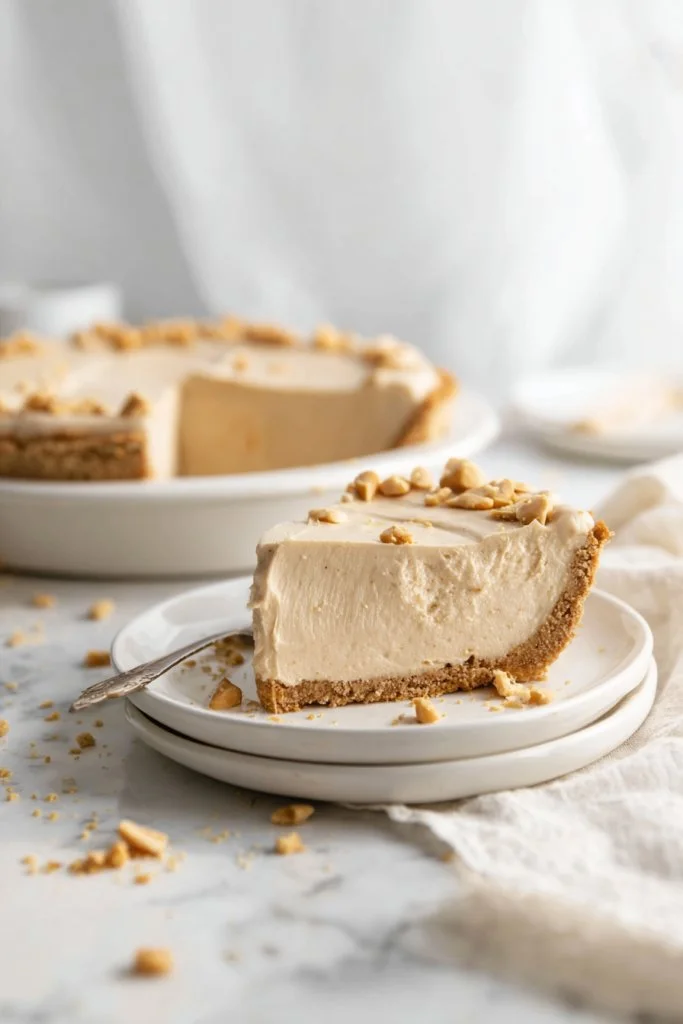 Slices of Old Fashioned Peanut Butter Pie on a plate with a fork
