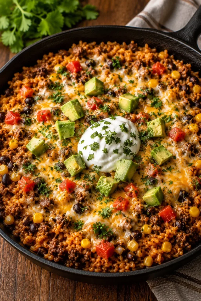 One-Pan Cheesy Taco Rice Skillet dish garnished with toppings