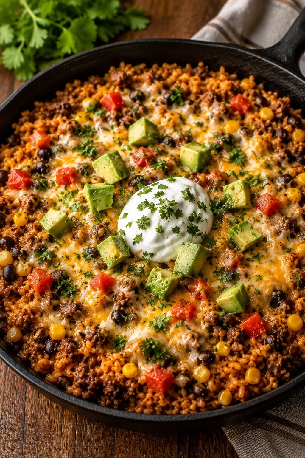 One-Pan Cheesy Taco Rice Skillet dish garnished with toppings