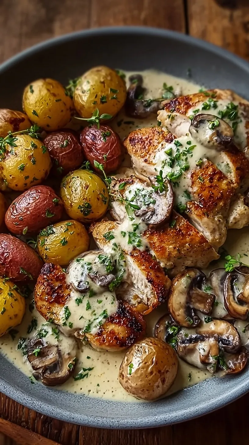 One-pan skillet with seared chicken thighs, roasted baby potatoes, and a creamy mushroom garlic sauce.