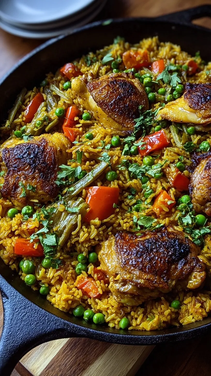 A large skillet filled with golden turmeric rice, seared chicken thighs, red peppers, and green peas.