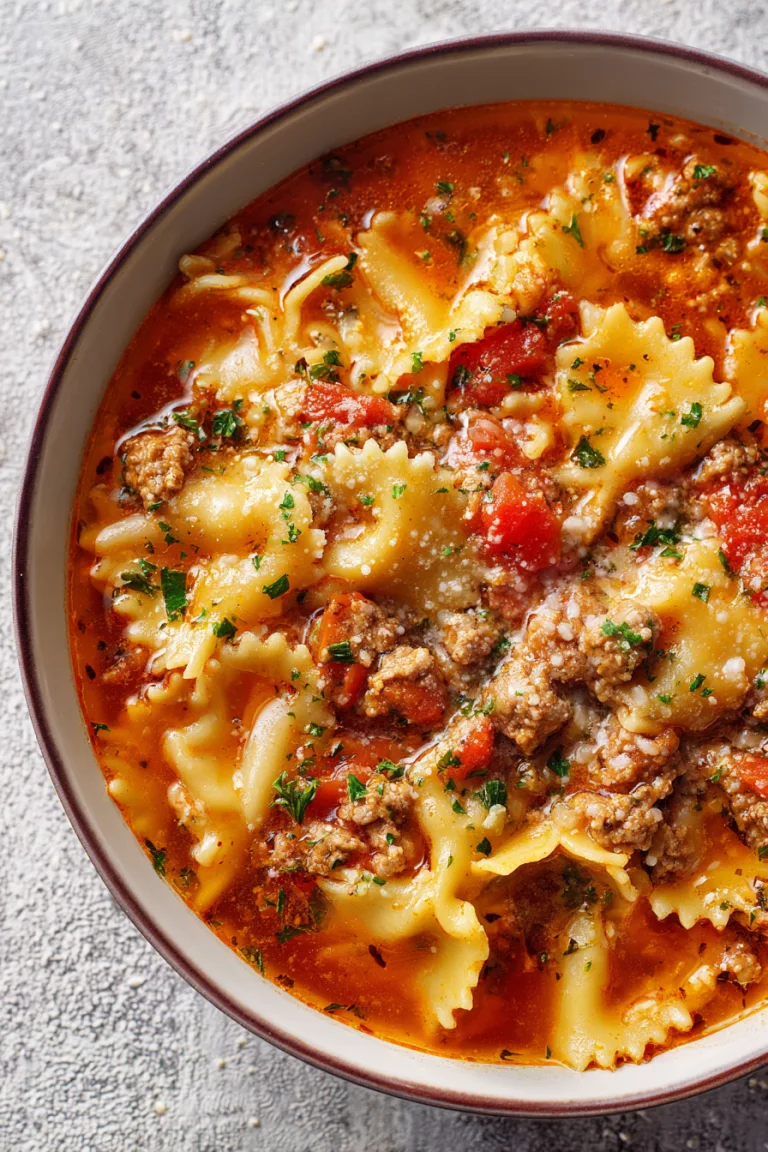 Bowl of one-pot lasagna soup with tomato broth, pasta and ground beef