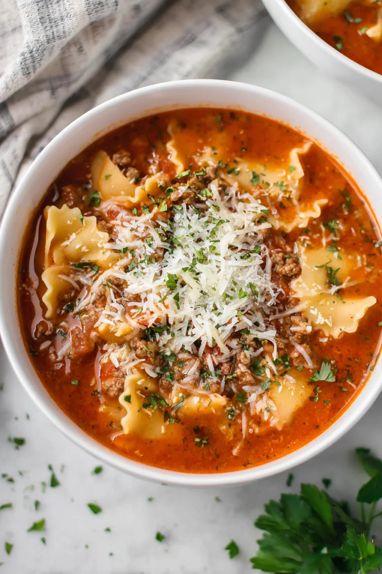 A bowl of tomato lasagna soup topped with grated cheese and parsley