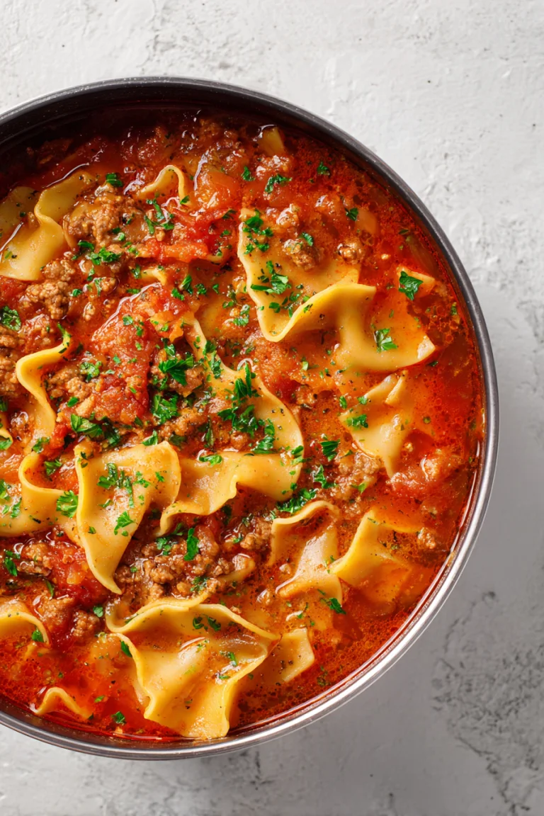 Tomato and beef lasagna soup with tender pasta in a bowl