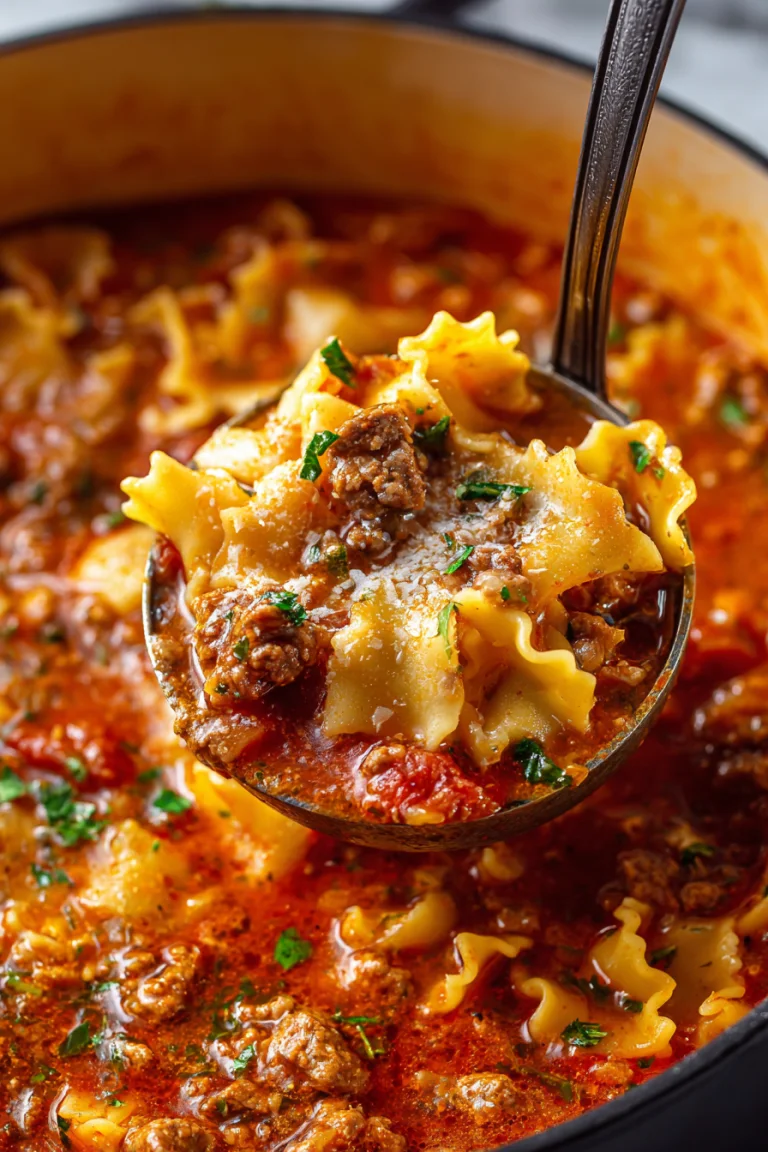 Ladle lifting pasta and beef from one pot lasagna soup