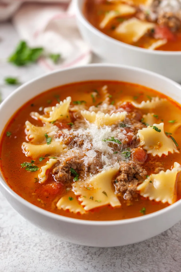 Served bowl of one pot lasagna soup with Parmesan and parsley