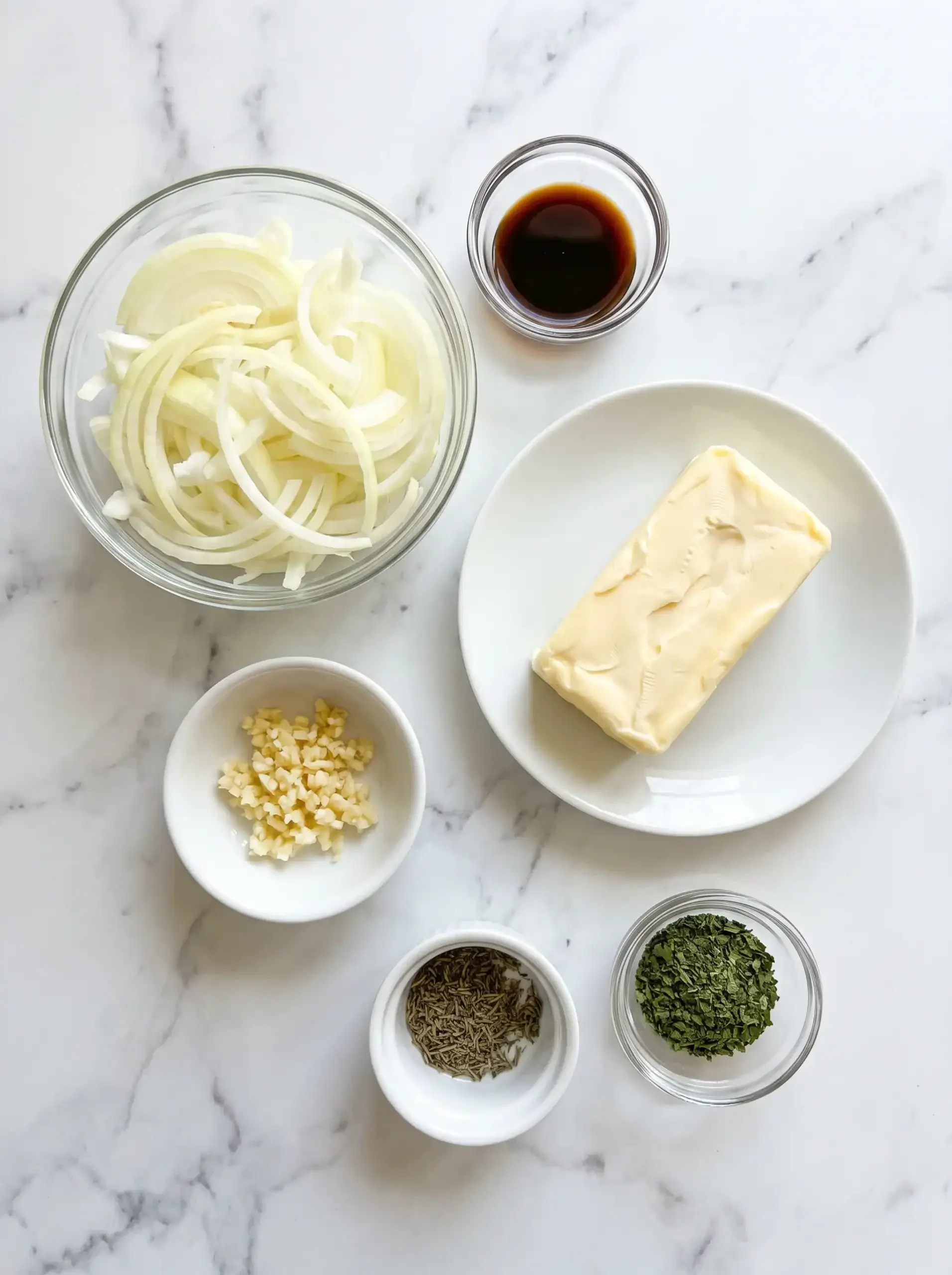 Onion, butter, garlic, herbs, and Worcestershire sauce arranged on a counter