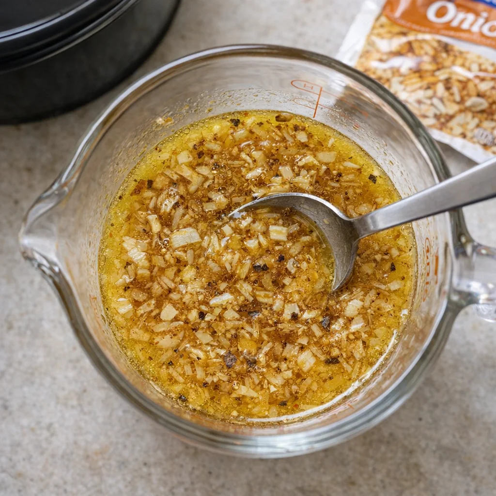 Melted butter stirred with dry onion soup mix in a glass measuring cup