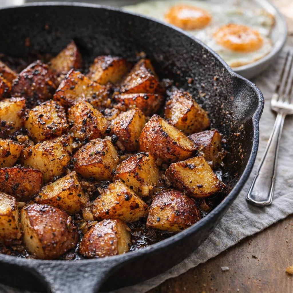 Leftover onion butter potatoes crisped in a cast-iron skillet