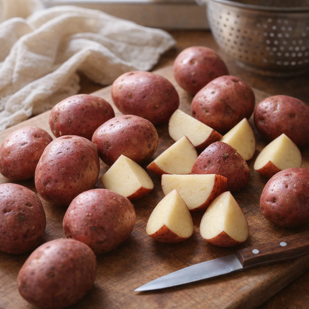 Small red potatoes, some quartered on a cutting board