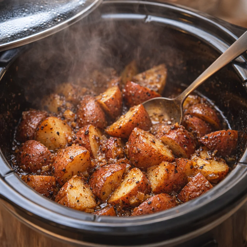 Tender onion butter potatoes being stirred in a slow cooker