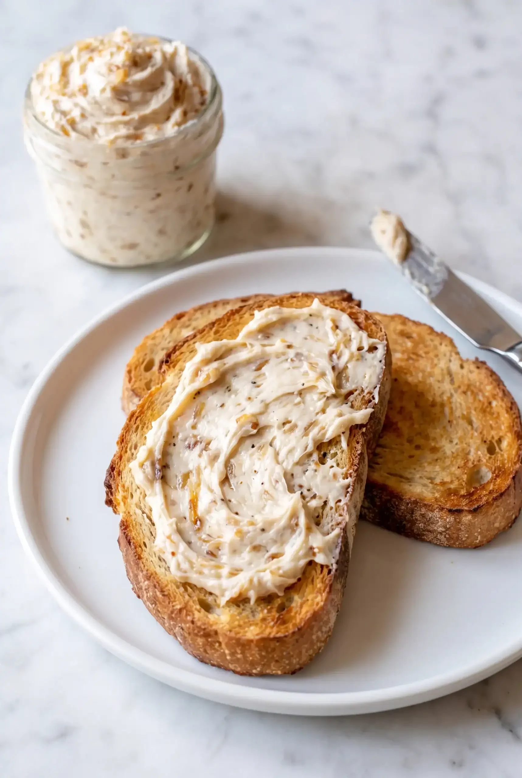 Toast spread with French onion butter beside a small jar