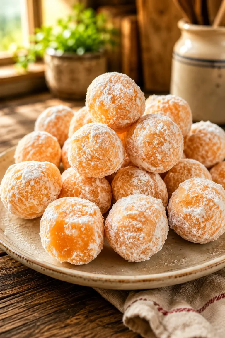 Homemade orange creamsicle truffles on a rustic wooden table
