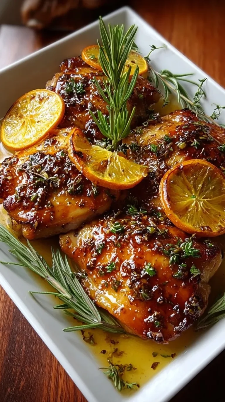 Golden brown roasted chicken thighs coated in a shiny orange glaze on a skillet.