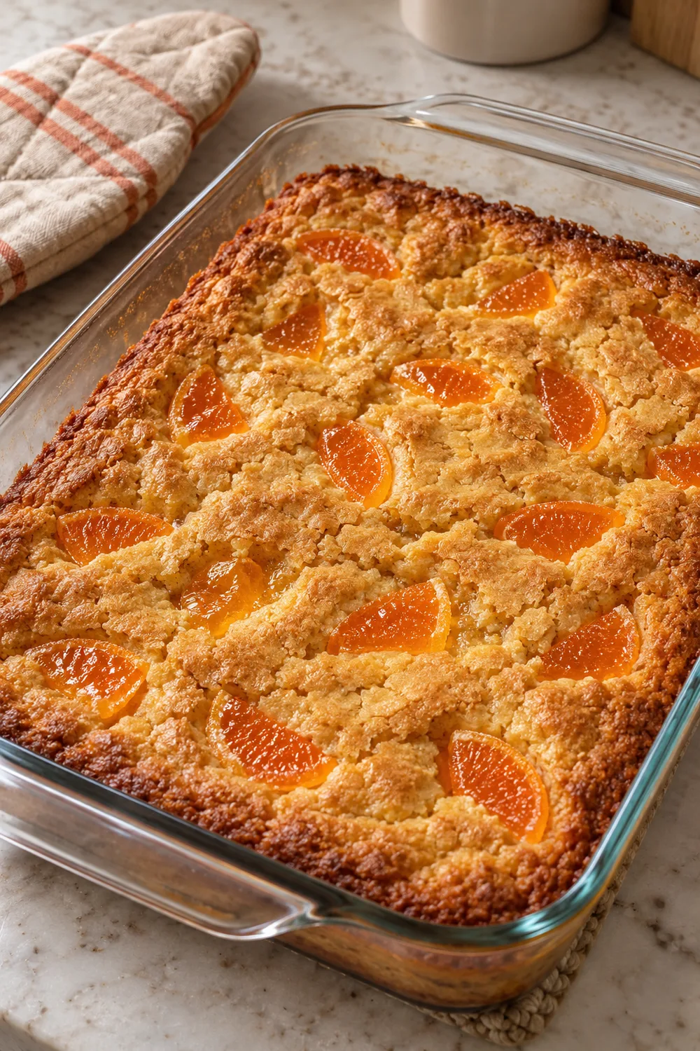 Freshly baked orange slice blondie bars cooling in a glass baking dish