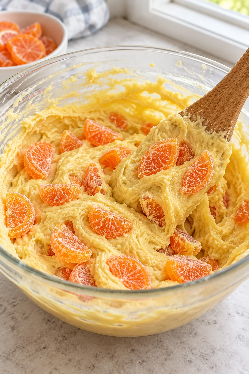 Orange slice candies folded into blondie batter in a glass baking dish