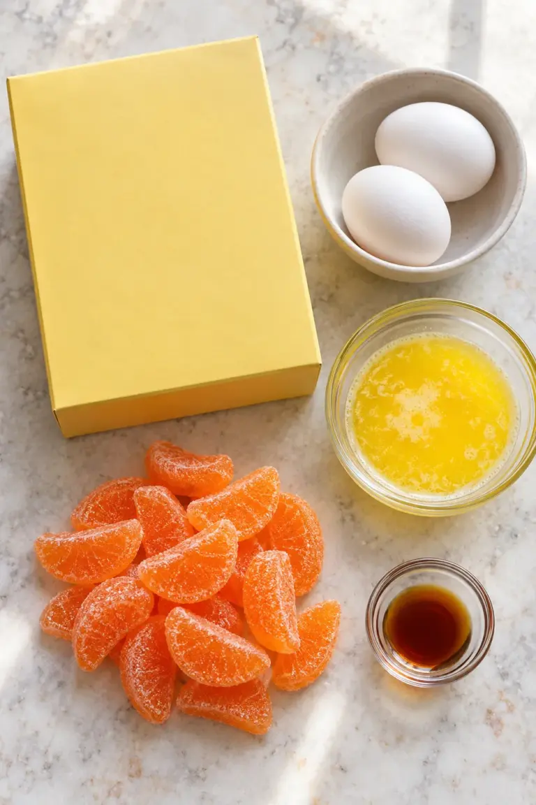 Golden orange slice blondie bars with chewy orange candy pieces on a white plate