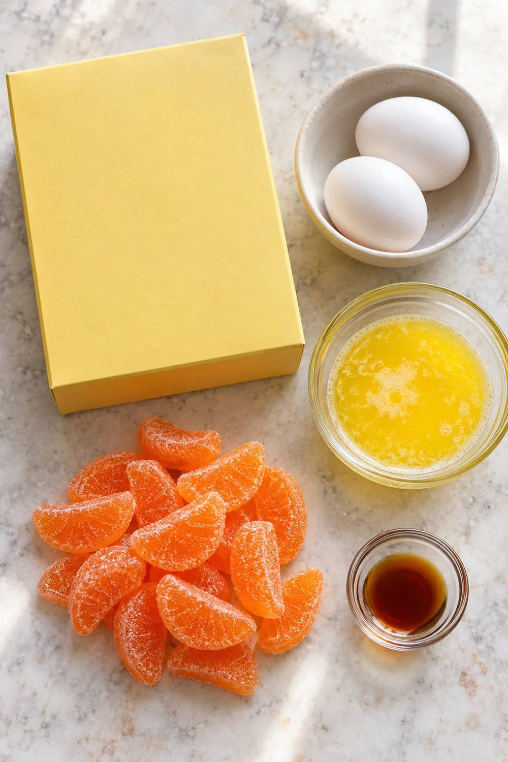 Golden orange slice blondie bars with chewy orange candy pieces on a white plate