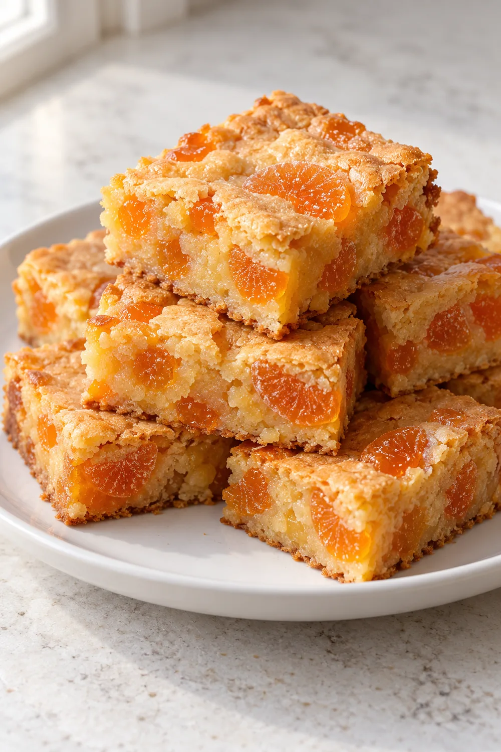 Yellow cake mix, eggs, butter, vanilla and orange slice candies arranged for blondie bars