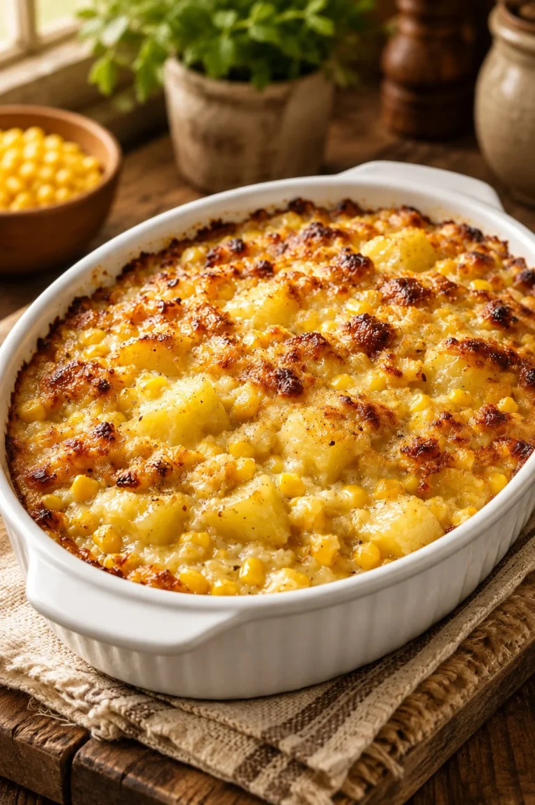 Delicious oven-baked Amish corn potato casserole with three simple ingredients