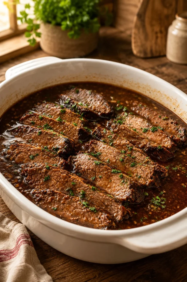 Oven baked au jus roast beef ready to be served with rich beef gravy