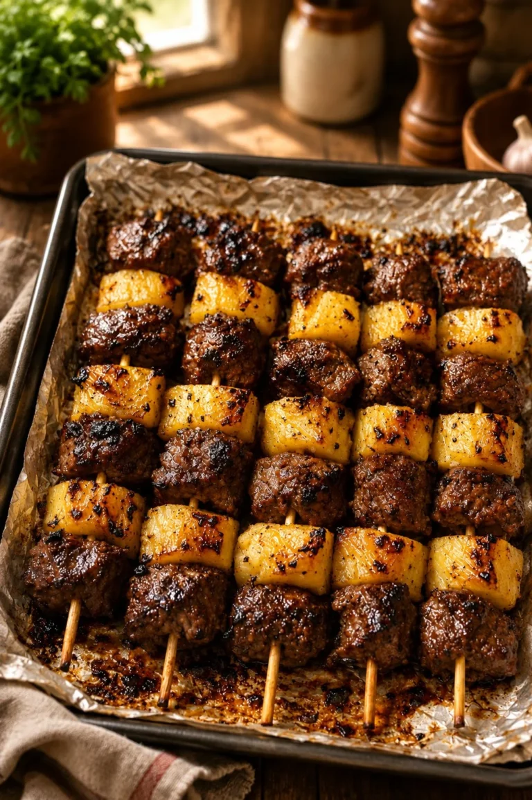 Oven baked beef and pineapple skewers on a serving platter