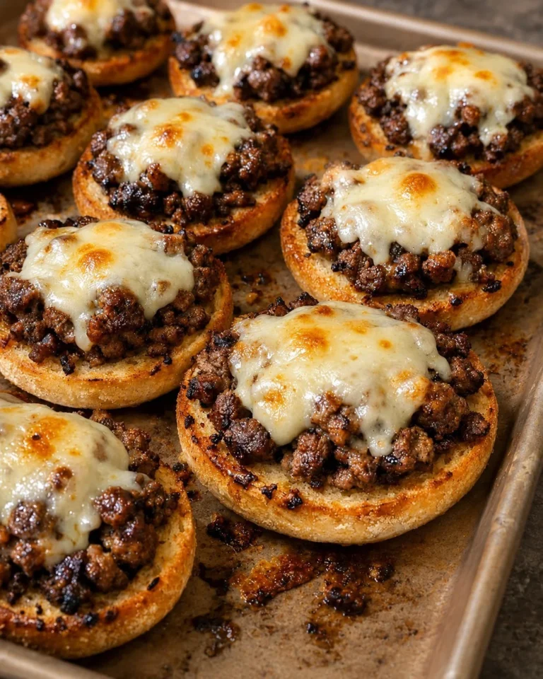 Oven baked beef bagel bites with cheese and seasoning on a baking tray