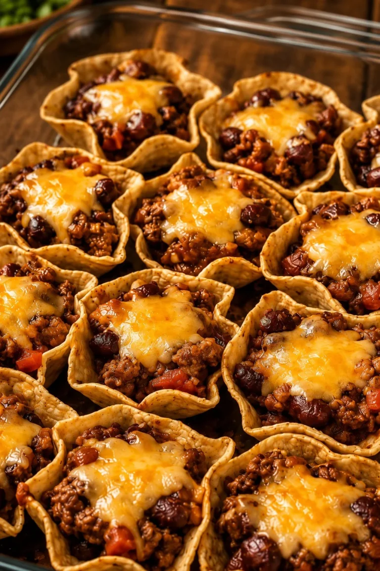 Oven baked beef chili scoops with three ingredients in a serving dish