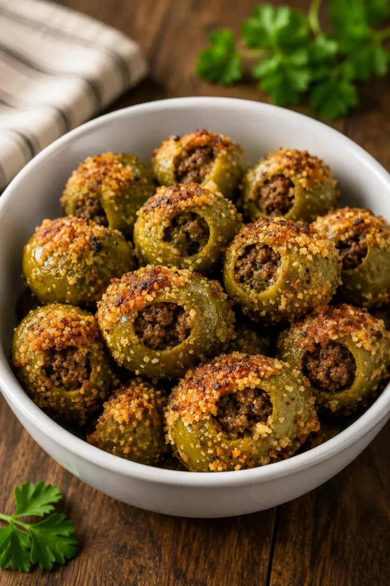 Oven baked beef stuffed olives ready to serve as a tasty appetizer