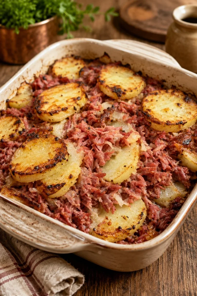 Oven baked corned beef potato casserole with three ingredients.