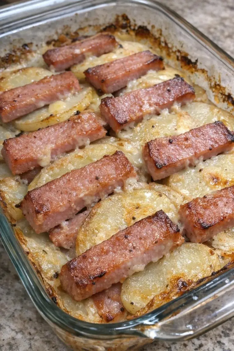 Oven baked 3-ingredient potato casserole with canned Spam served in a dish.