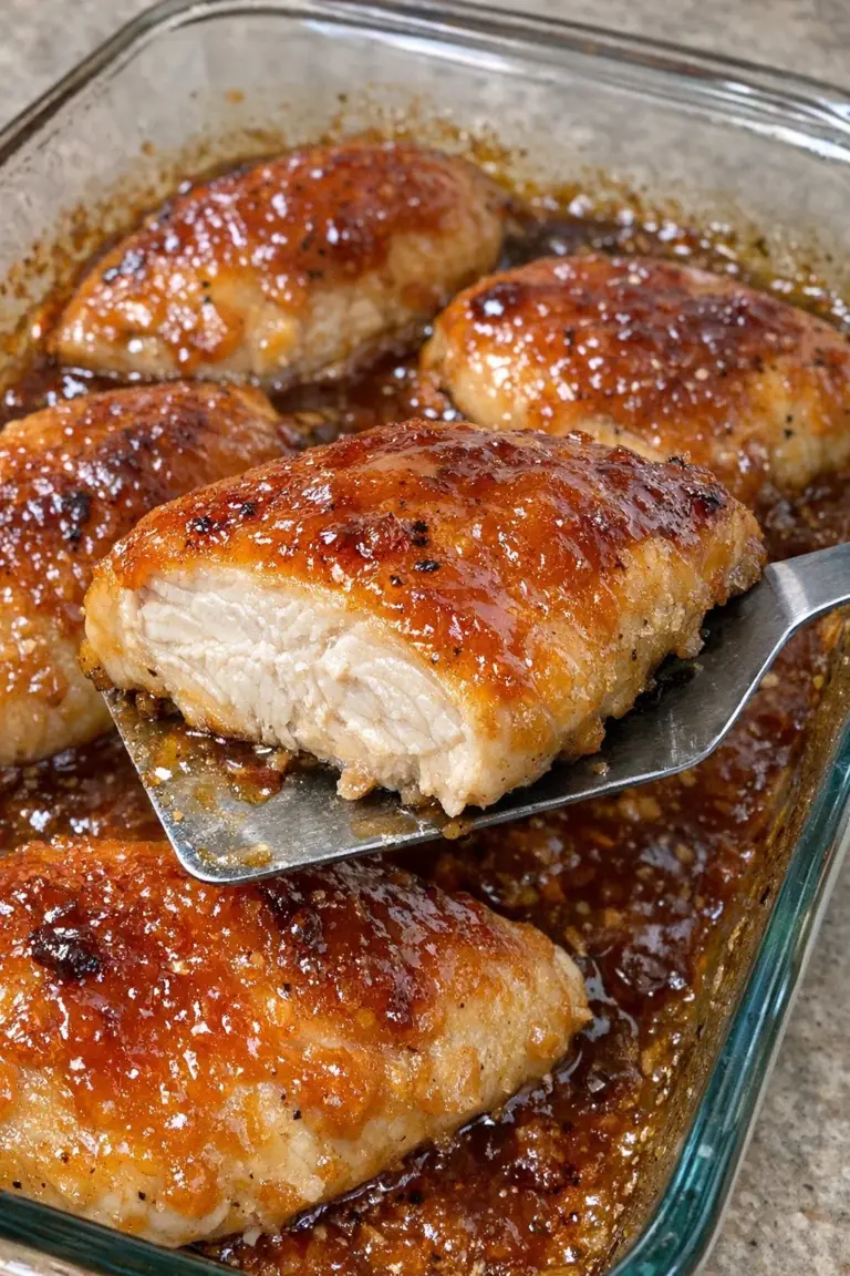 Oven Baked 3 Ingredient Chicken served on a plate with herbs.