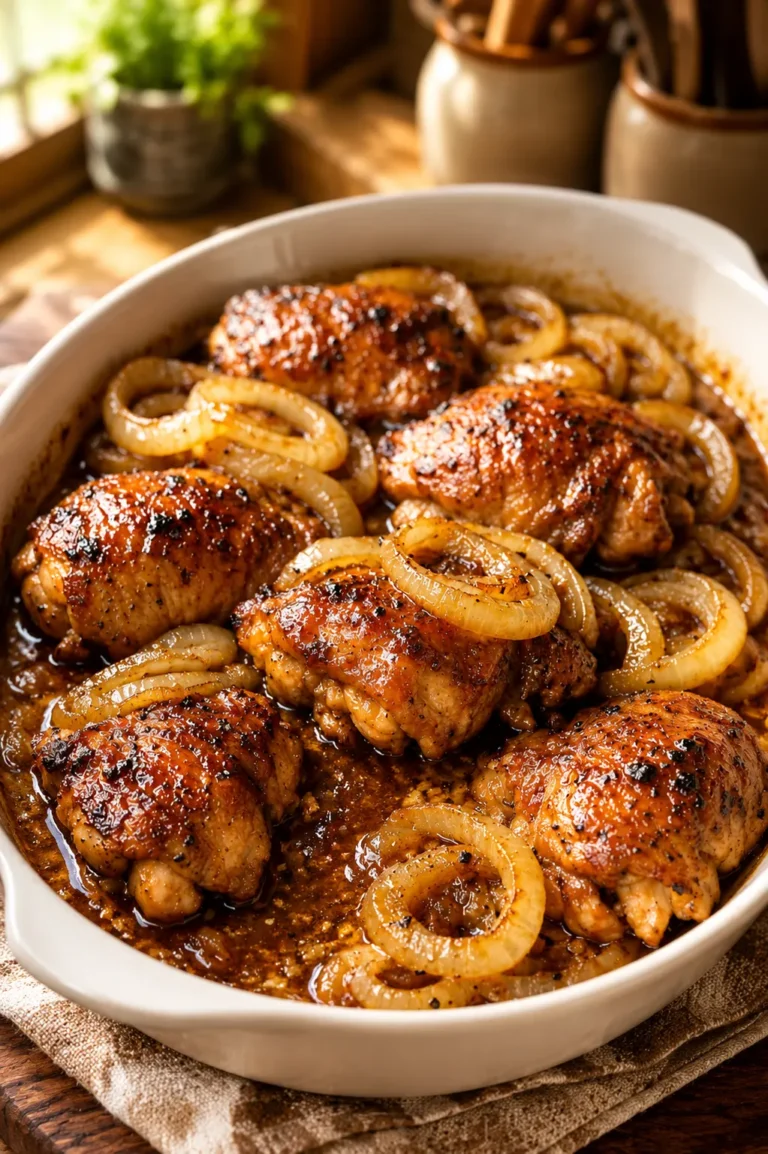 Oven Baked 3-Ingredient Chicken Charleston with tender chicken thighs, caramelized onions, and savory-sweet sauce