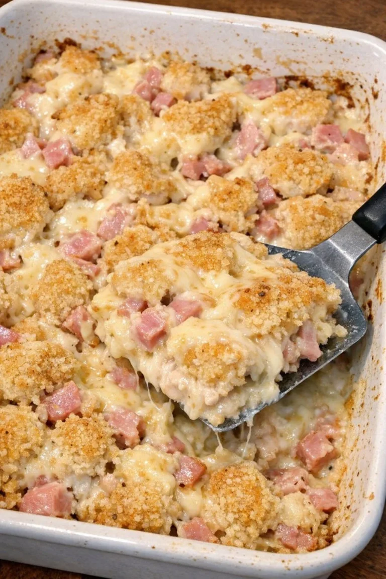 Oven baked 3-ingredient chicken cordon bleu casserole in a dish