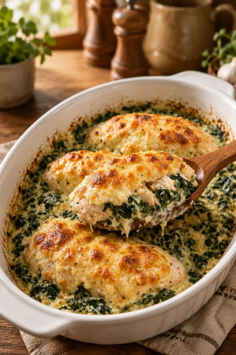 Oven baked chicken florentine casserole with spinach and cheese