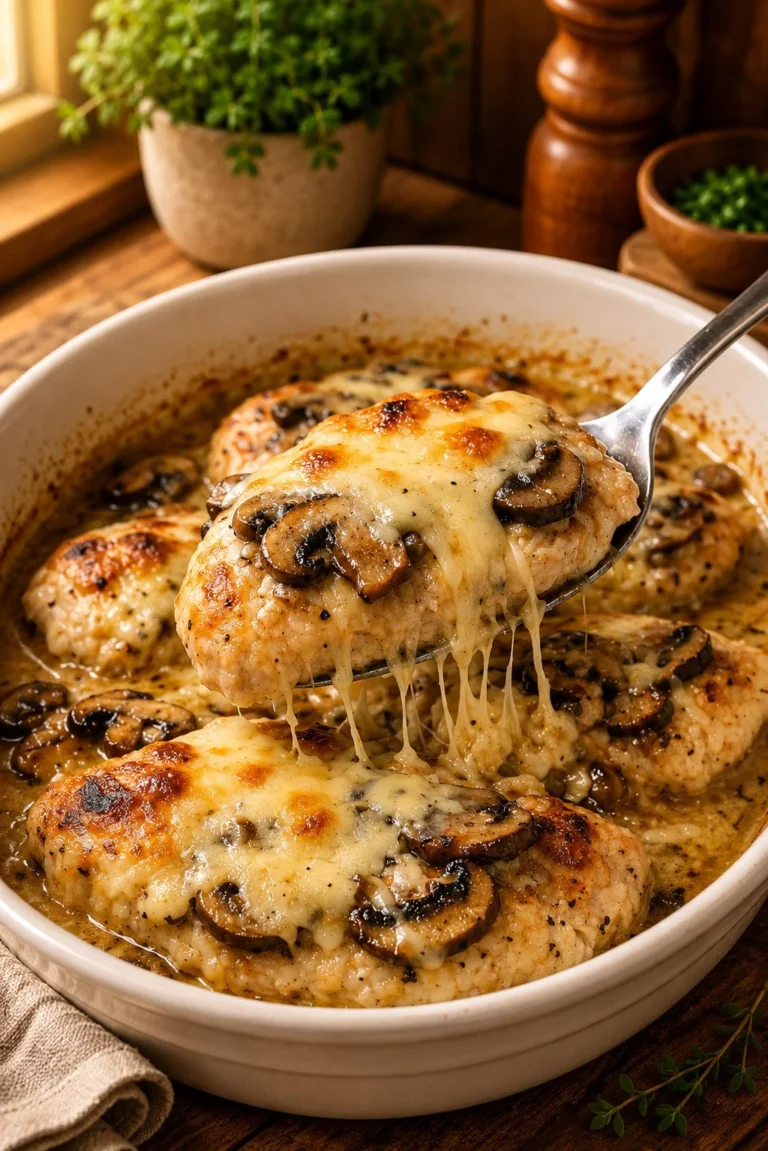 Oven Baked Chicken Lombardy with three ingredients, served on a plate.
