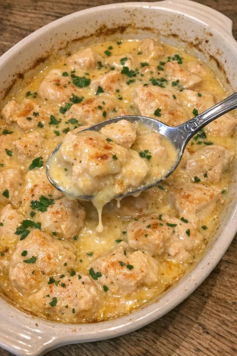 Oven baked 3-ingredient Chicken Newburg dish ready to serve.