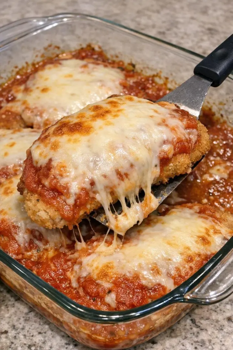 Oven baked 3-ingredient chicken parmigiana casserole served in a dish