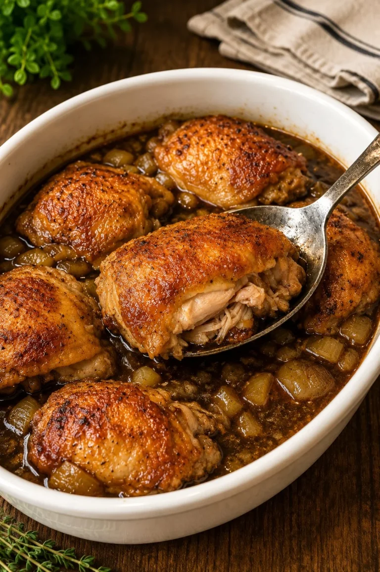 Oven Baked 3-Ingredient Chicken Tavern recipe with juicy chicken thighs.