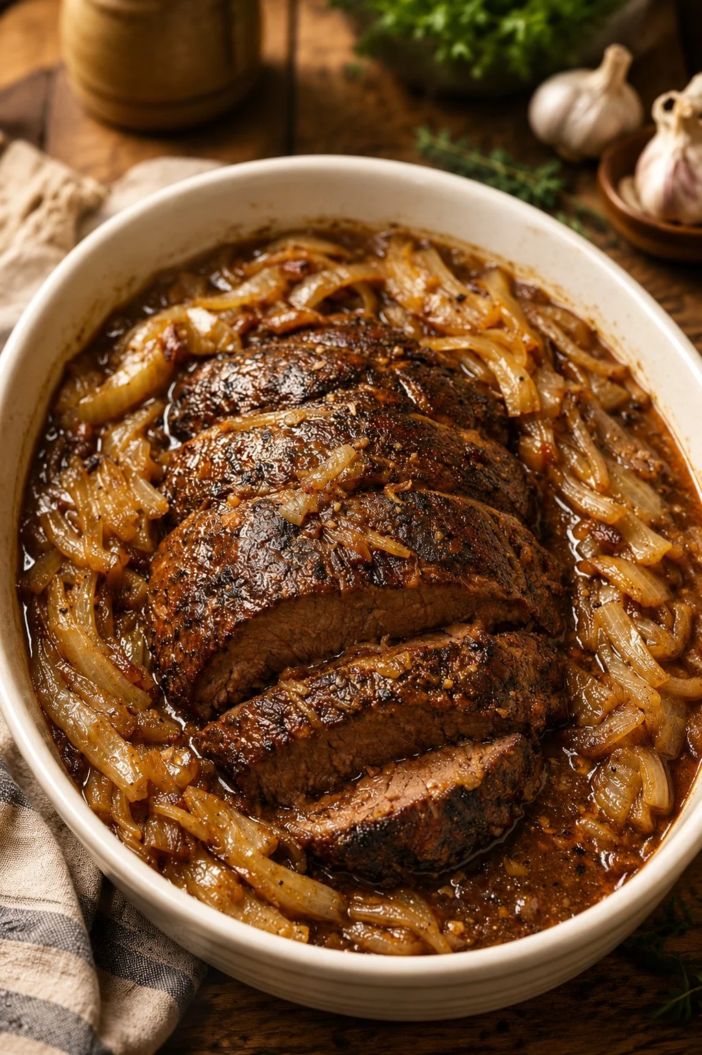 Oven baked 3-ingredient beef and onion roast served on a platter
