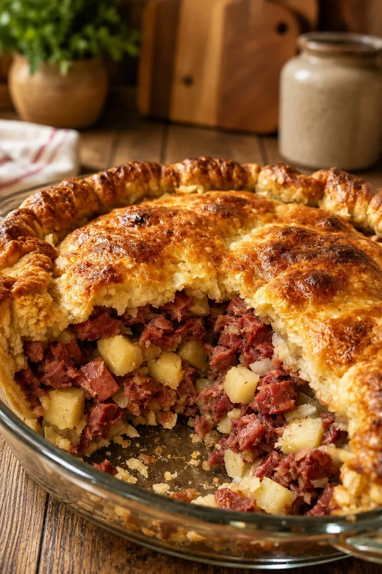Oven baked corned beef potato pie with golden brown crust.