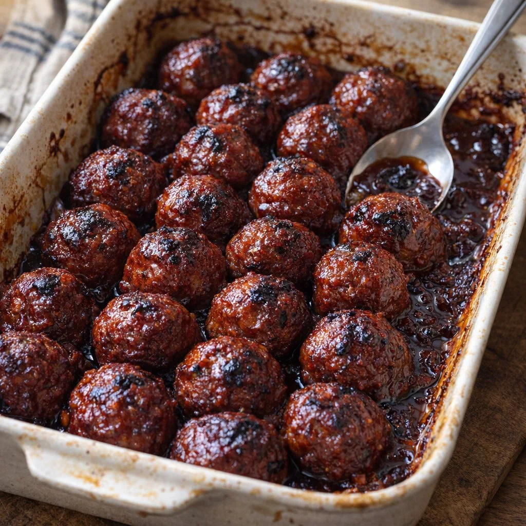 Oven-baked cranberry BBQ meatballs served on a platter