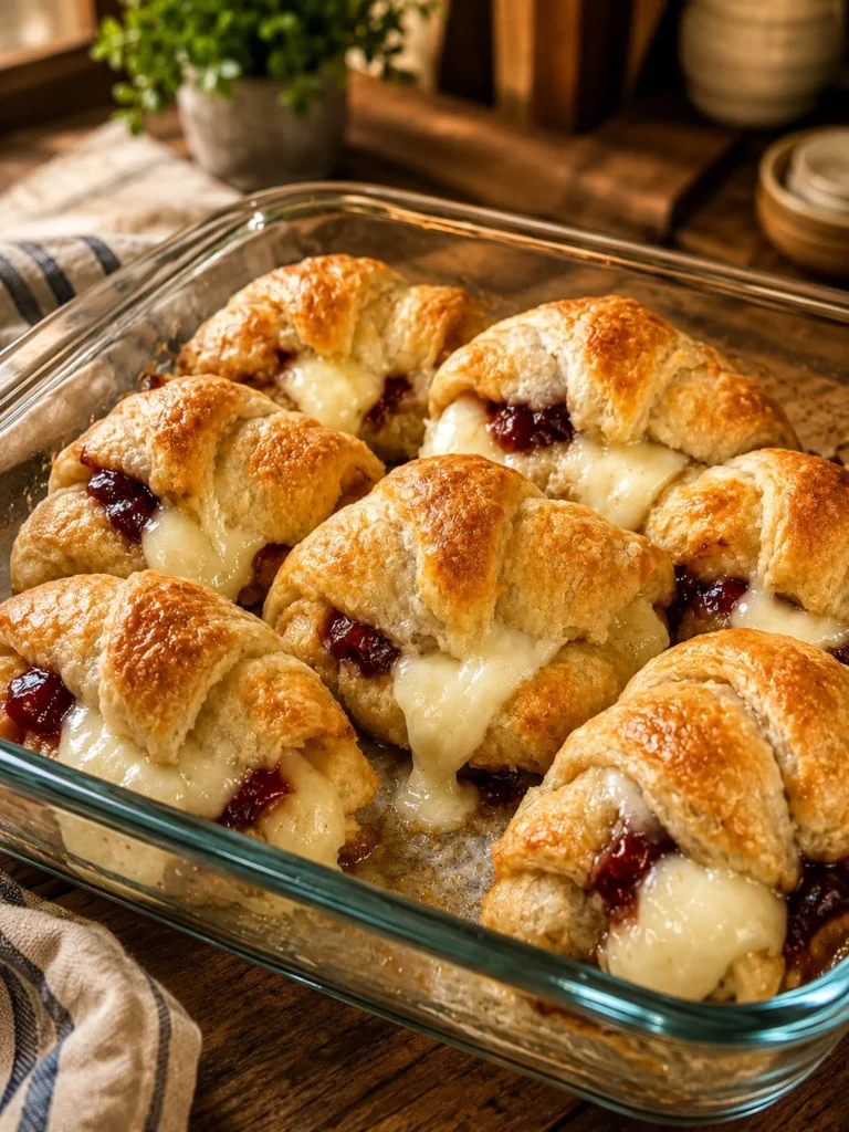 Oven baked Crescent Brie Bites with golden pastry and melted cheese