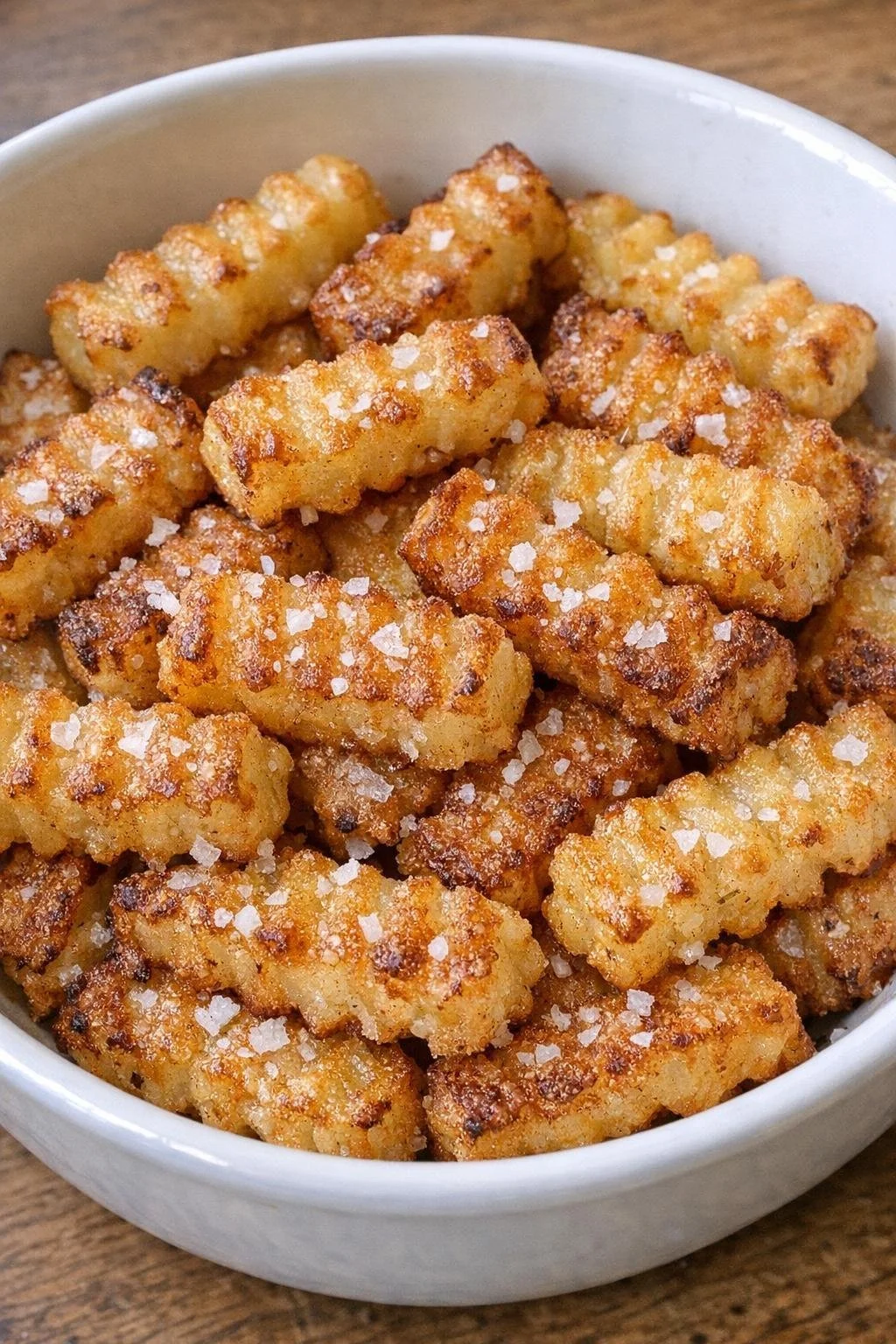 Plate of oven baked crispy potato crinkles served as a snack.