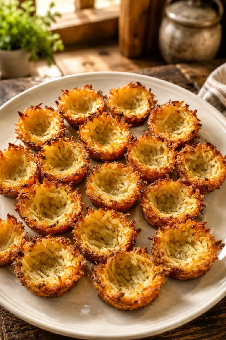 Oven-baked crispy potato nest cups garnished and served on a plate