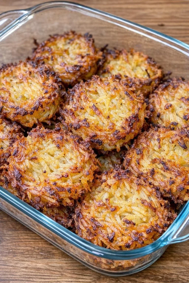 Oven-baked crispy potato rostis served on a plate, showcasing their golden texture.