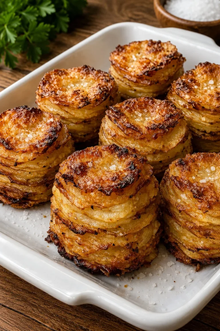 Oven-baked crispy potato stackers arranged on a plate
