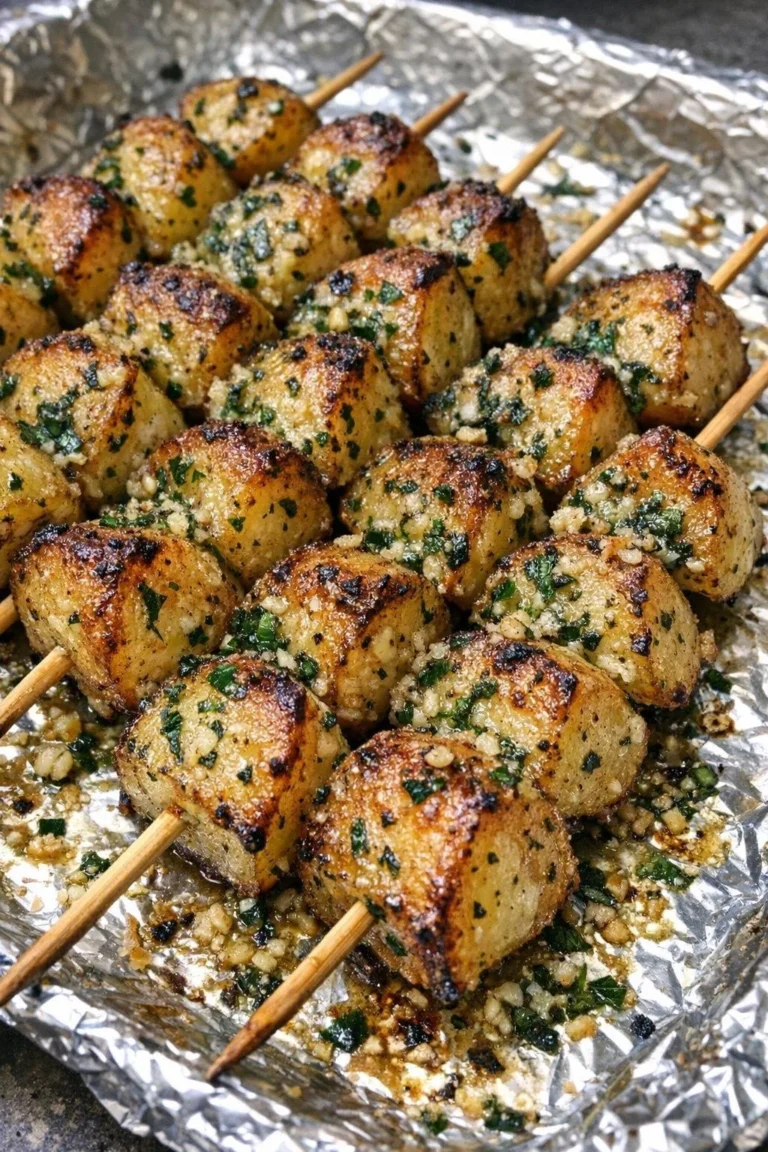 Oven baked garlic herb potato skewers on a wooden platter